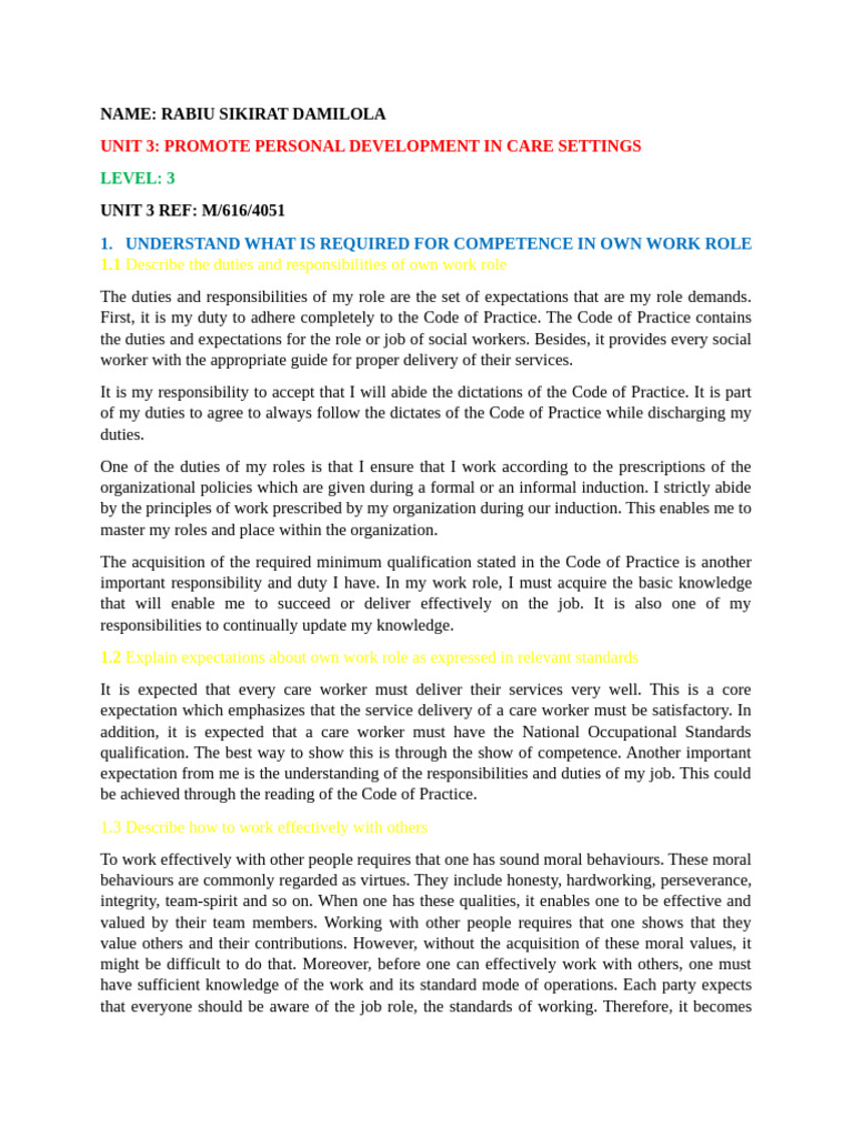Unit 3 Promote Personal Development in Care Setting_085626 | PDF ...