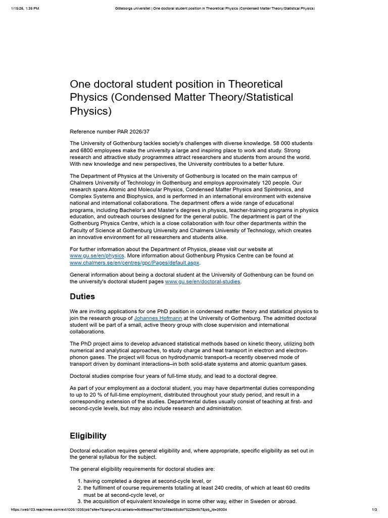 Göteborgs Universitet _ One Doctoral Student Position in Theoretical ...