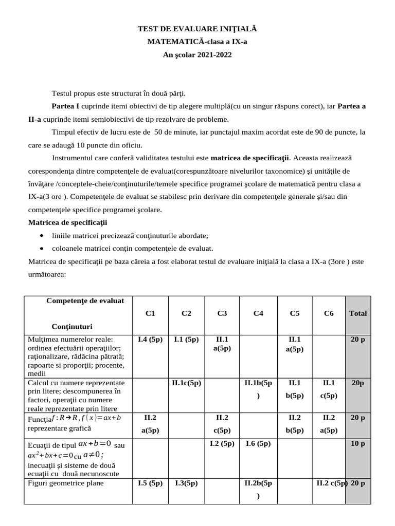 Test de Evaluare Initiala Clasa A Ixa | PDF