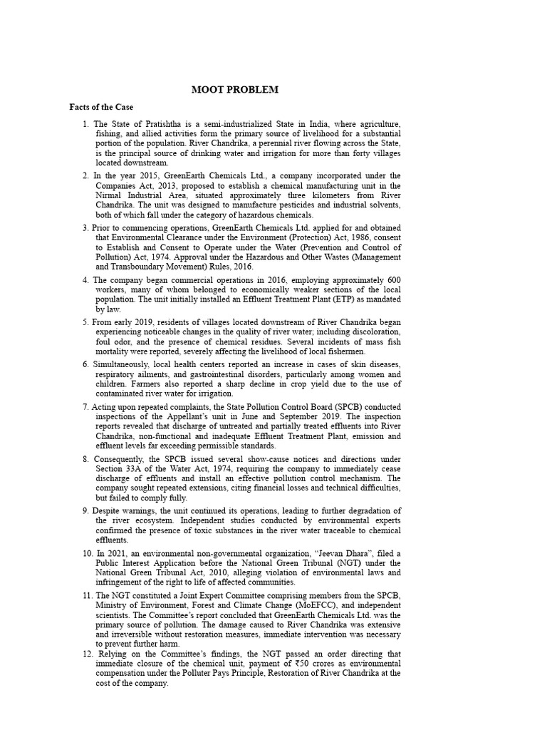 Civil Moot Problem 2026 (ENV. LAW) | PDF | Pollution | Effluent