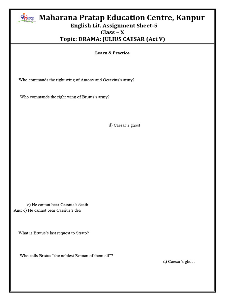 Class 10 English Lit. Assignment Sheet-5 | PDF | Mark Antony | Augustus