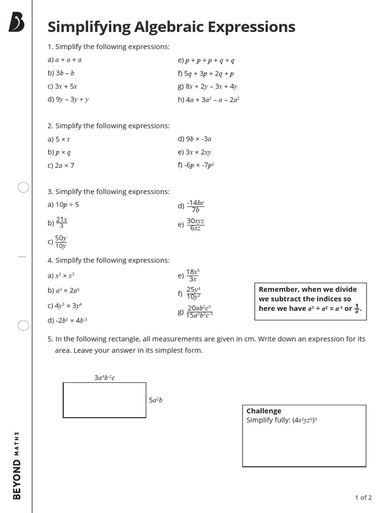 Simplifying Algebraic Expressions Activity - Removed | PDF