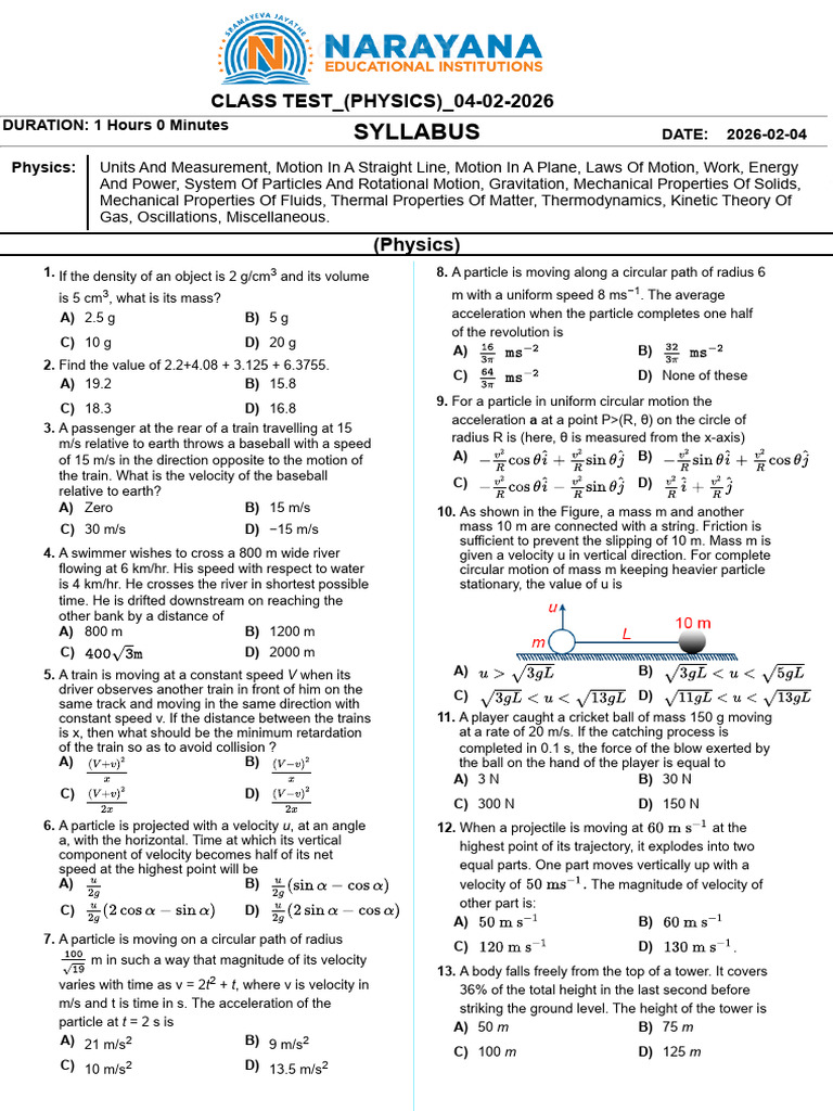 Class Test (Physics) 04-02-2026 | PDF | Gases | Acceleration