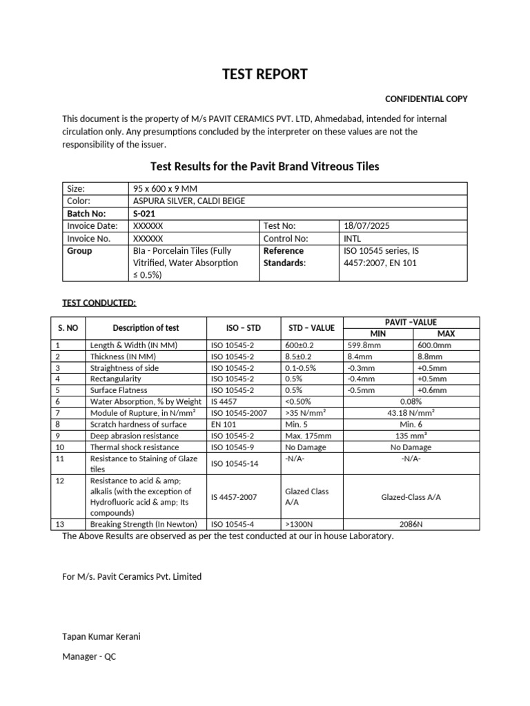 Test Report - 95 X 600 X 9 MM | PDF | Tile | Materials