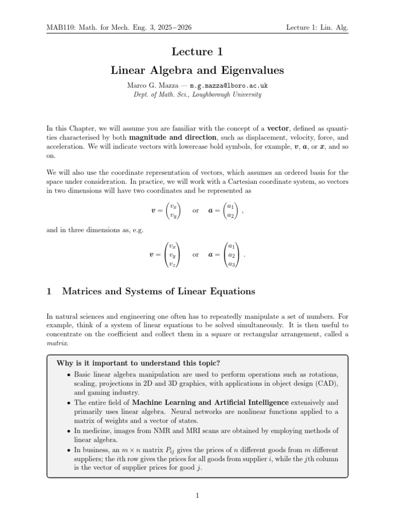 MAB110 Lecture1 | PDF | Matrix (Mathematics) | Vector Space