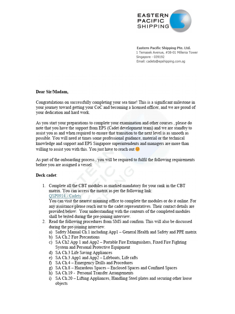 Cadets Onboarding Letter - DCT | PDF | Ships