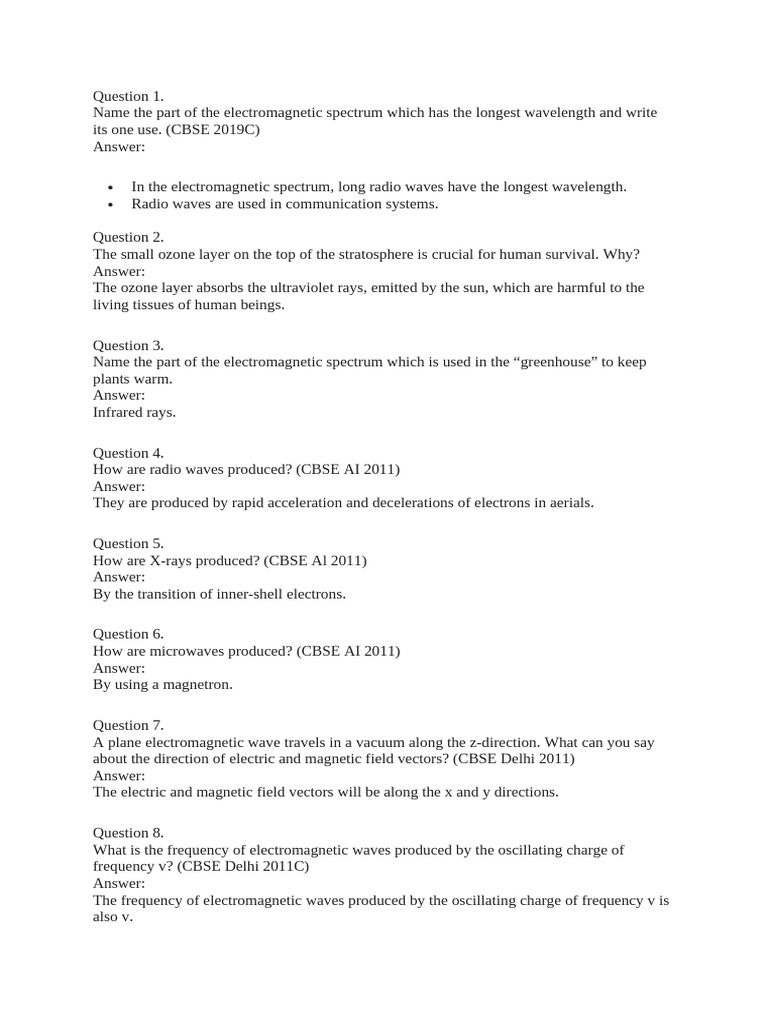 Emw Cbse Questions and Answers | PDF | Electromagnetic Radiation ...