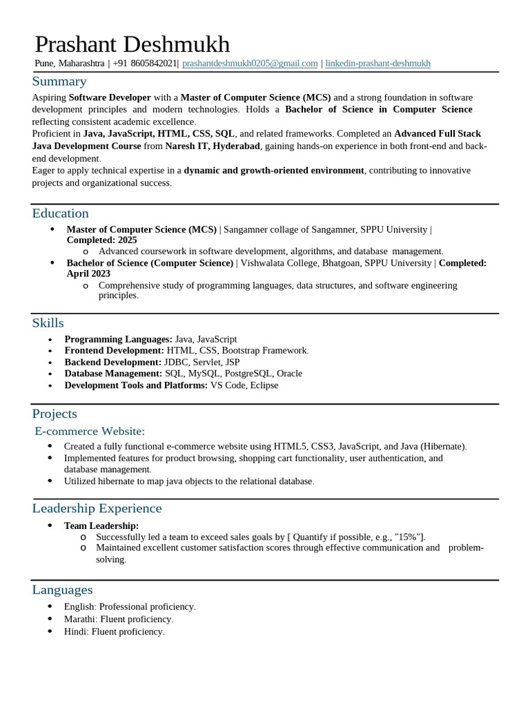 Prashant Deshmukh Java Developer (1) | PDF