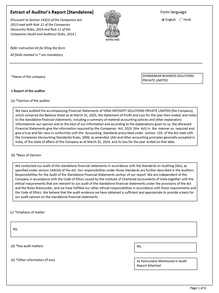 Extract of Auditor's Report (Standalone) | PDF | Going Concern | Audit