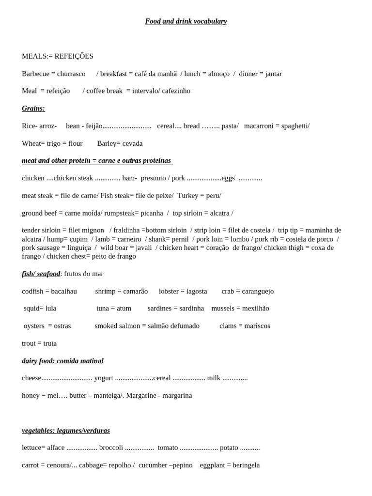 Food and Drink Vocabulary | PDF | Fruit | Steak