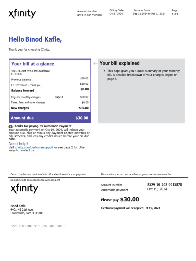 Binod Kafle Xfinity Bill Statement FL | PDF | Payments | Money