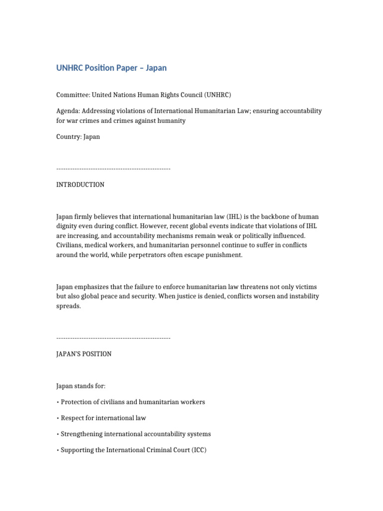 Japan UNHRC Position Paper RPSMUN 2025 | PDF | International ...