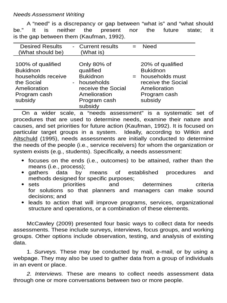 Needs Assessment Writing Reading Material | PDF | Focus Group