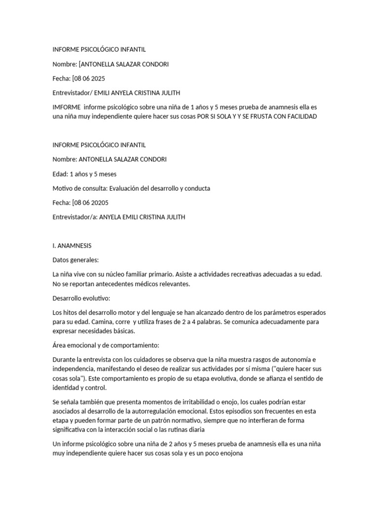 Informe Psicológico Infantil | PDF | Las emociones | Sicología