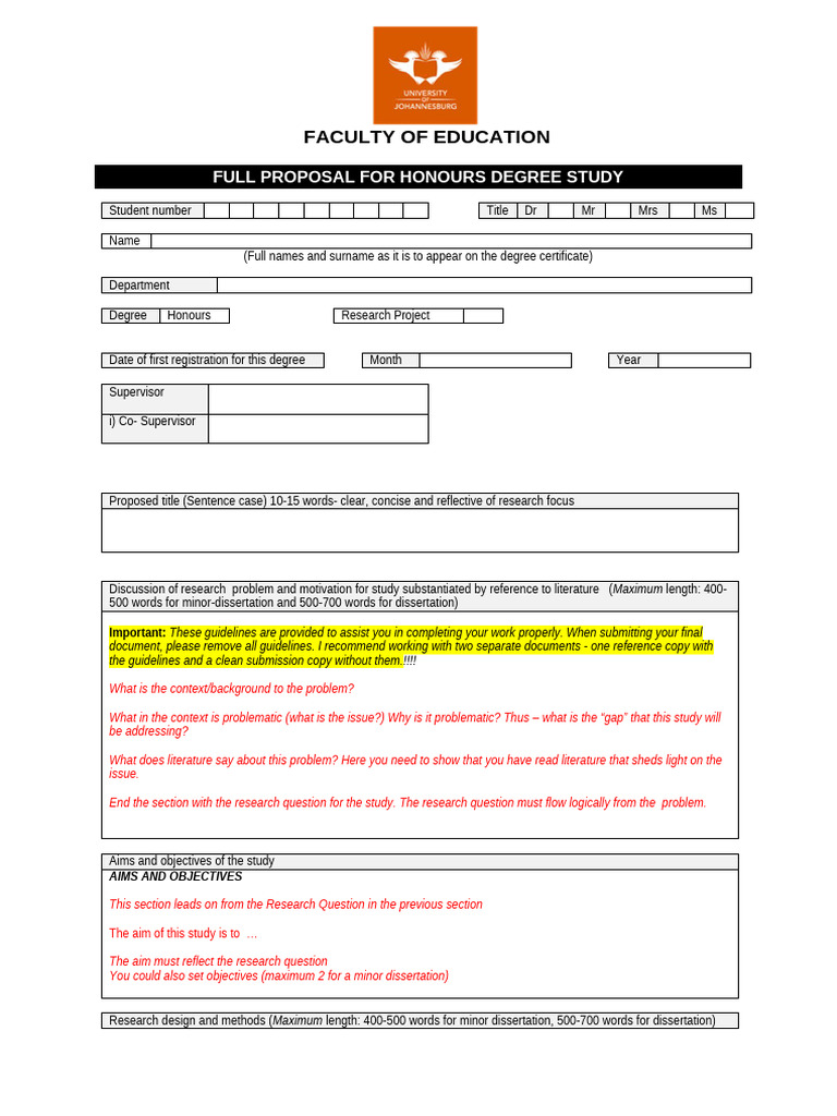 HONOURS Proposal Template - 2025 | PDF | Thesis | Methodology