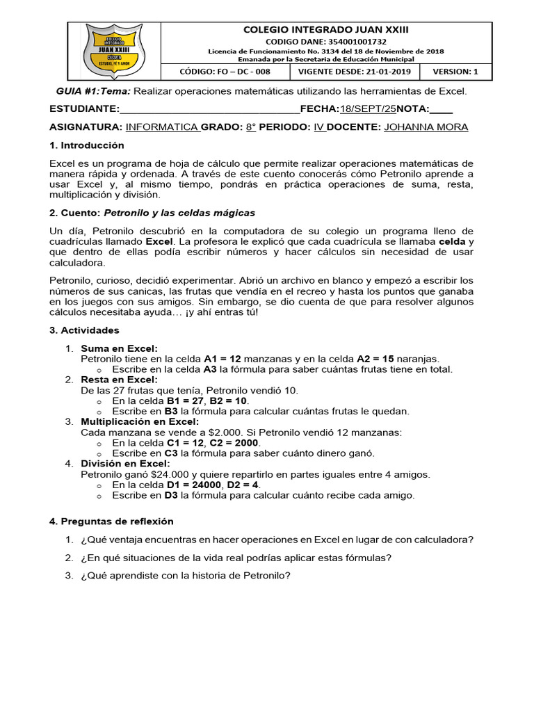 Guia 1 Informatica Grado 8 | PDF | Microsoft Excel | Hoja de cálculo