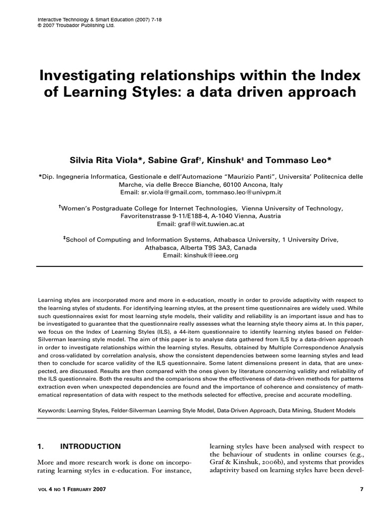 Investigating Relationships Within The Index of Learning Styles: A Data ...