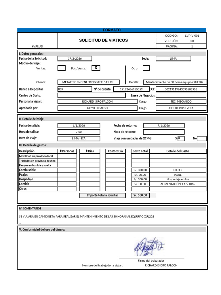 Formato de Solicitud de Viaticos Ibc | PDF