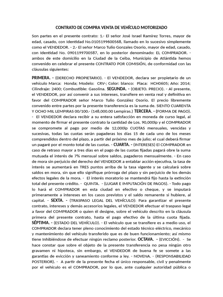 Contrato de Compra Venta de Vehículo Motorizado | PDF