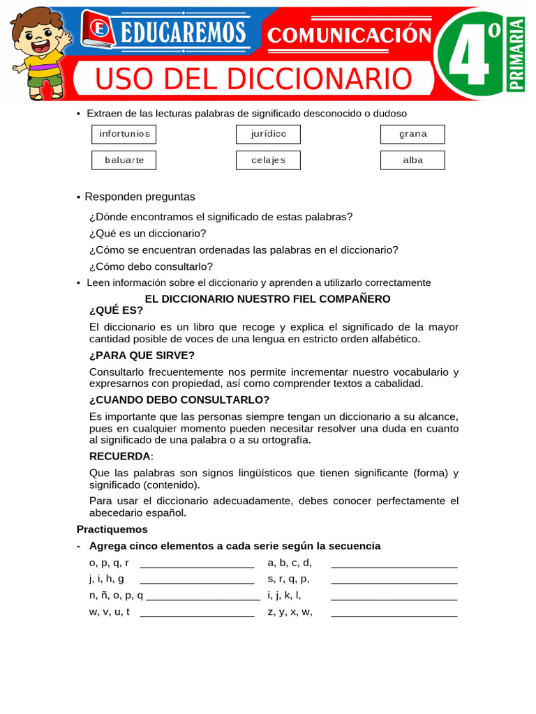 Uso Del Diccionario para Cuarto Grado de Primaria | PDF | Diccionario ...