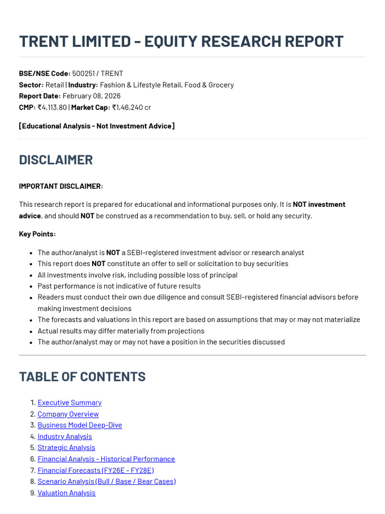 Trent Equity Report | PDF | Retail | Working Capital