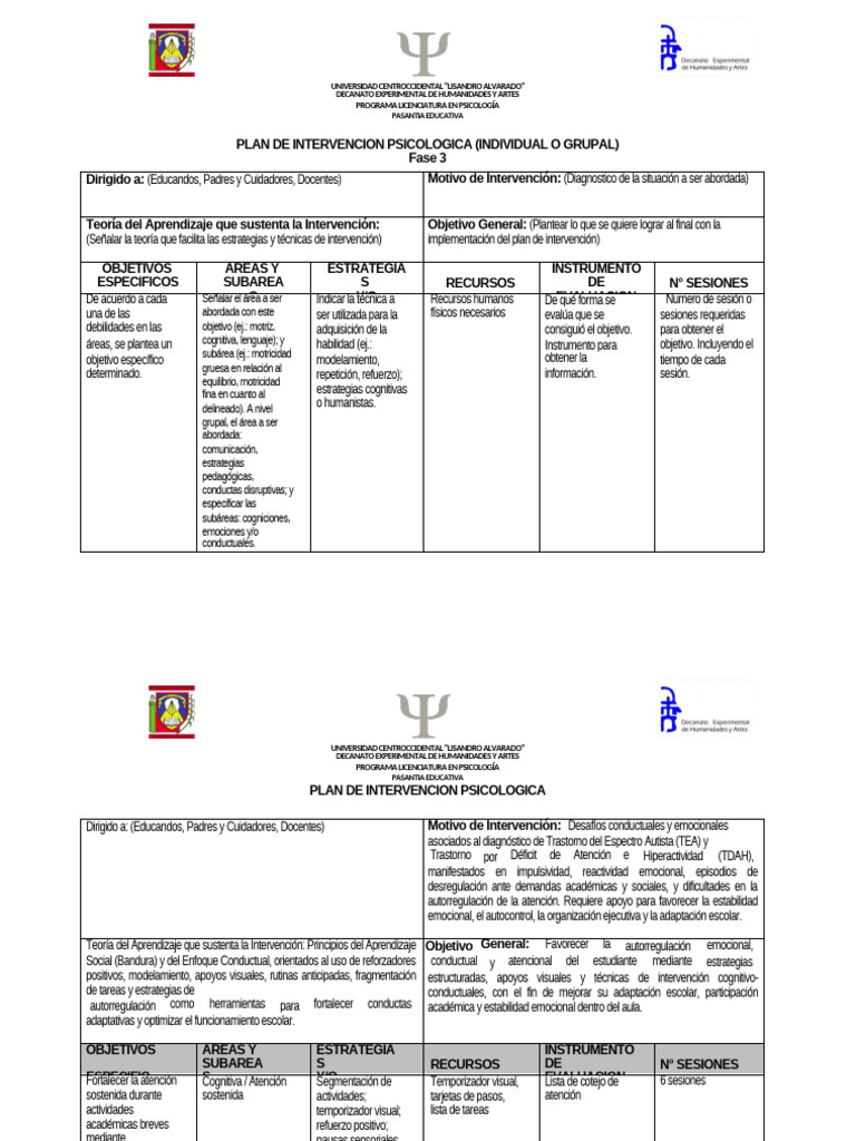 Plan de Intervención Psicología Escolar II | PDF | Autorregulación ...