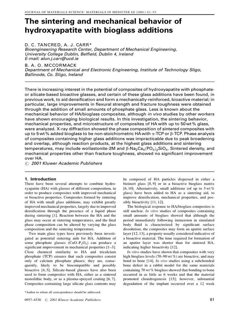 The Sintering and Mechanical Behavior of Hydroxyapatite With Bioglass ...