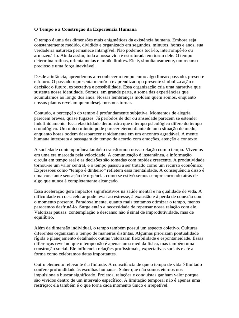 O Tempo e A Construção Da Experiência Humana | PDF | Tempo | Aprendizado