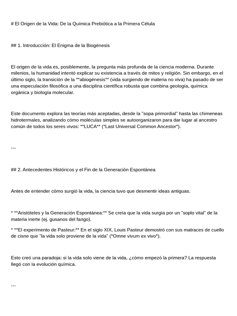 El Origen de La Vida | PDF | Abiogénesis | Biología