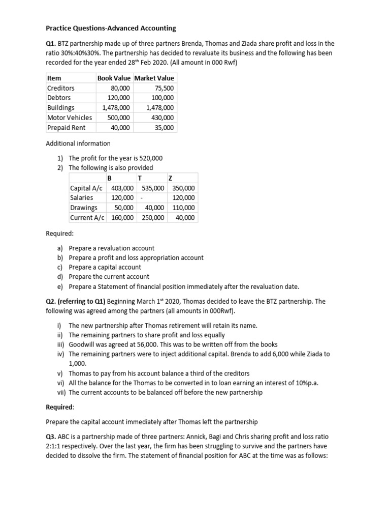 Practice Questions Advanced Accounting | PDF | Balance Sheet | Equity ...