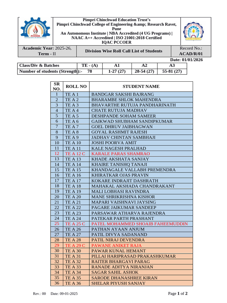 TE Roll Call List AY 2025-26 Sem II. | PDF