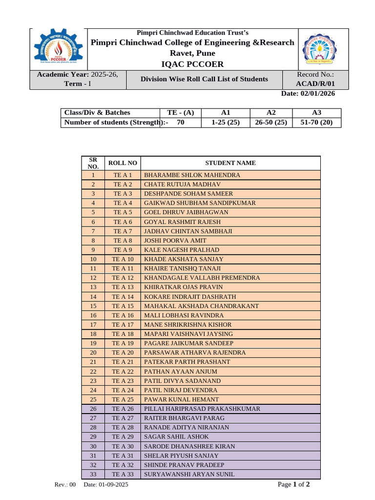 TE Roll Call List AY 2025-26 Sem II | PDF