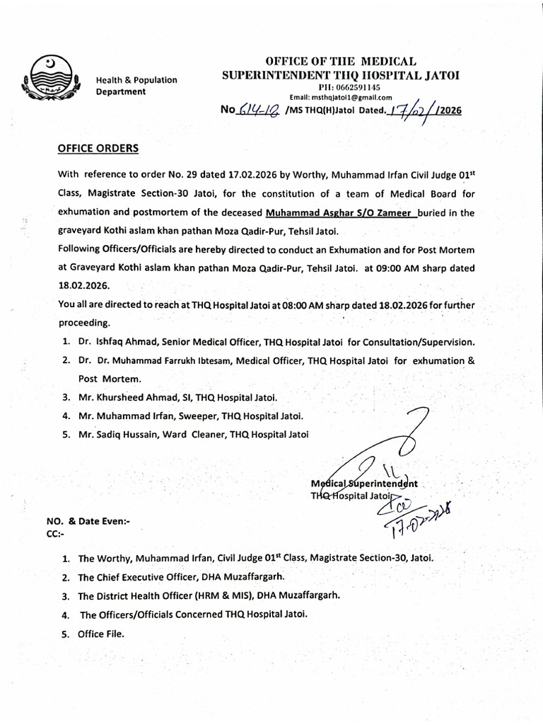 Officer Order for Exhumation Deceased Muhammad Asghar | PDF