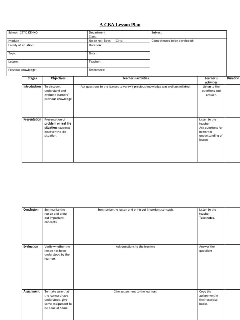 A CBA Lesson Plan | PDF | Learning | Lesson Plan