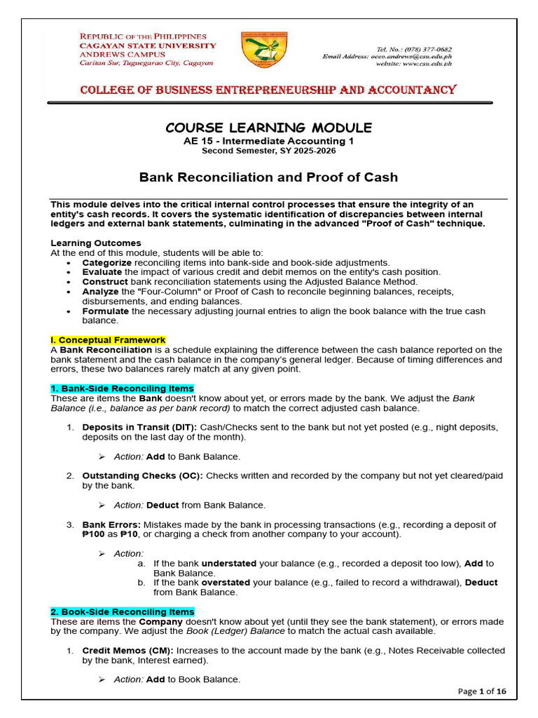 Module Lesson 2 Bank Reconciliation and Proof of Cash | PDF | Banks ...
