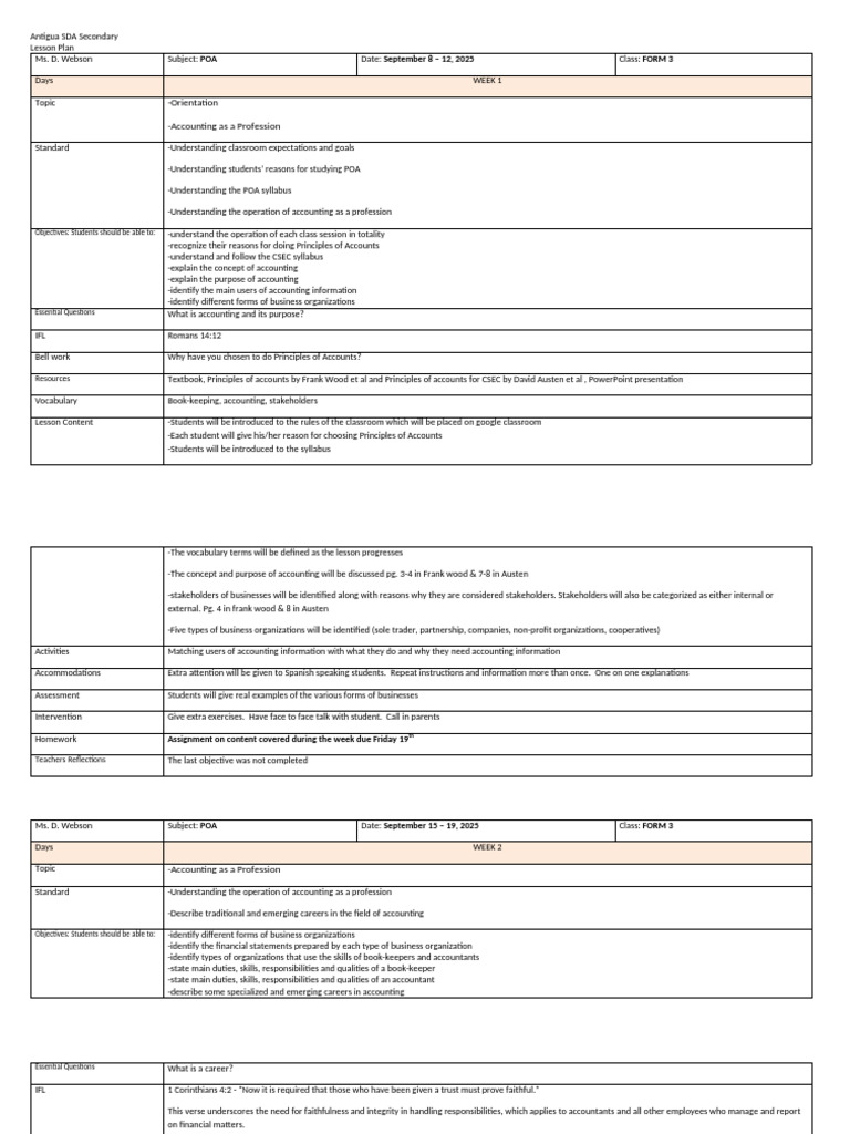 Lesson Plan POA Form3-Term 1 | PDF | Debits And Credits | Accounting
