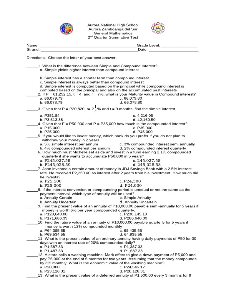 General Mathematics Summative | PDF | Interest | Compound Interest