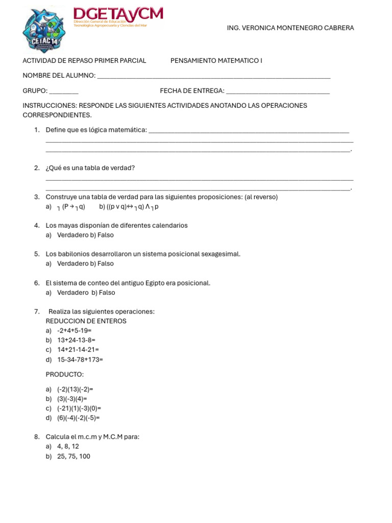 Actividad de Repaso Primer Parcial Pensamiento Matematico i | PDF