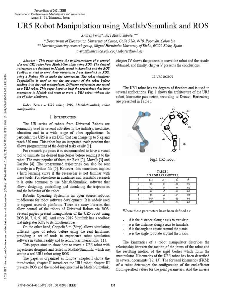 UR5 Robot Manipulation Using Matlab Simulink and ROS | PDF