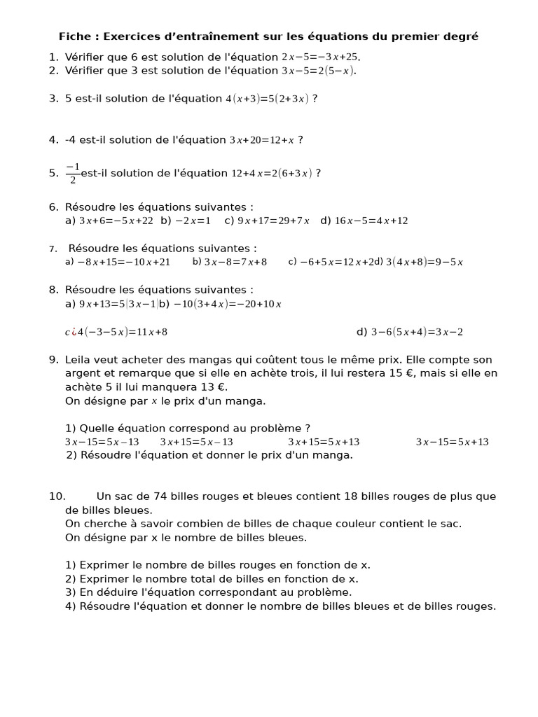 Fiche D'exercices Sur Les Équations | PDF