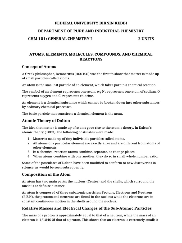 CHM 101-Atoms, Elements, Molecules, Compounds and Chemical Reaction ...