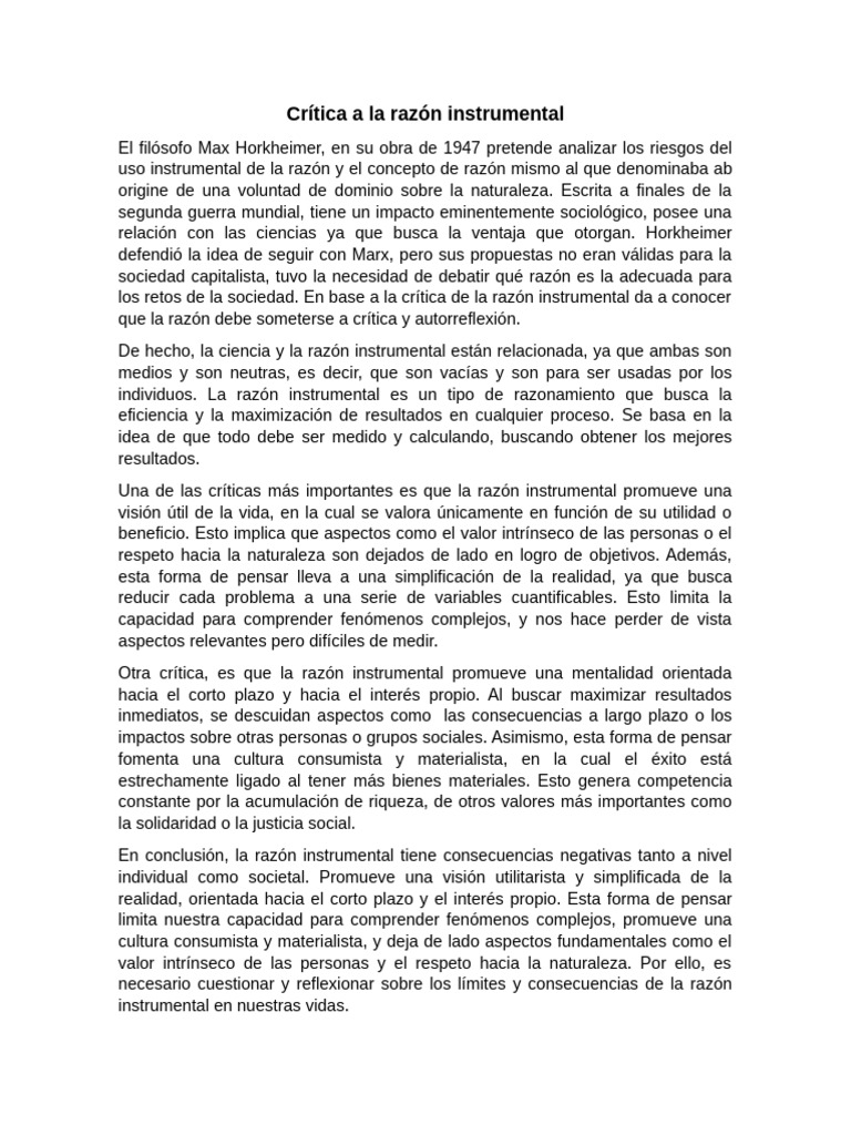 Crítica A La Razón Instrumental | PDF | Razón | Pensamiento