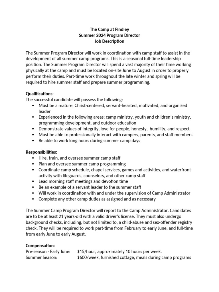 The Camp at Findley Summer Program Director Job Description | PDF