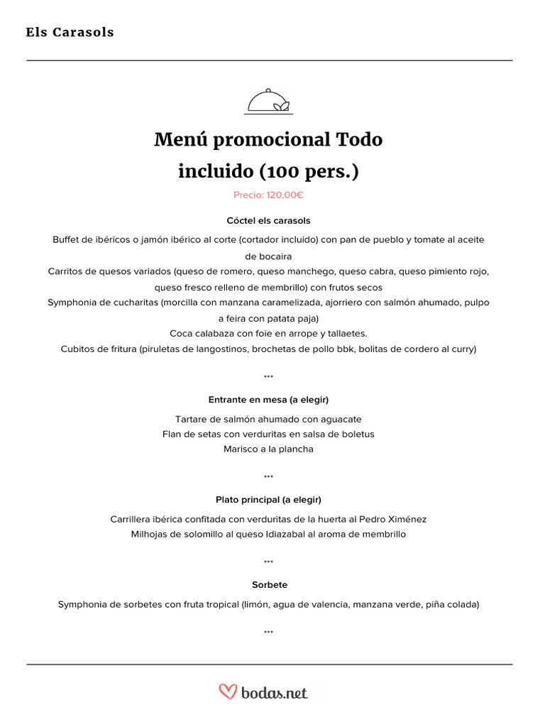 Els Carasols Menu Promocional Todo Incluido 100 Pers | PDF | Alimentos ...