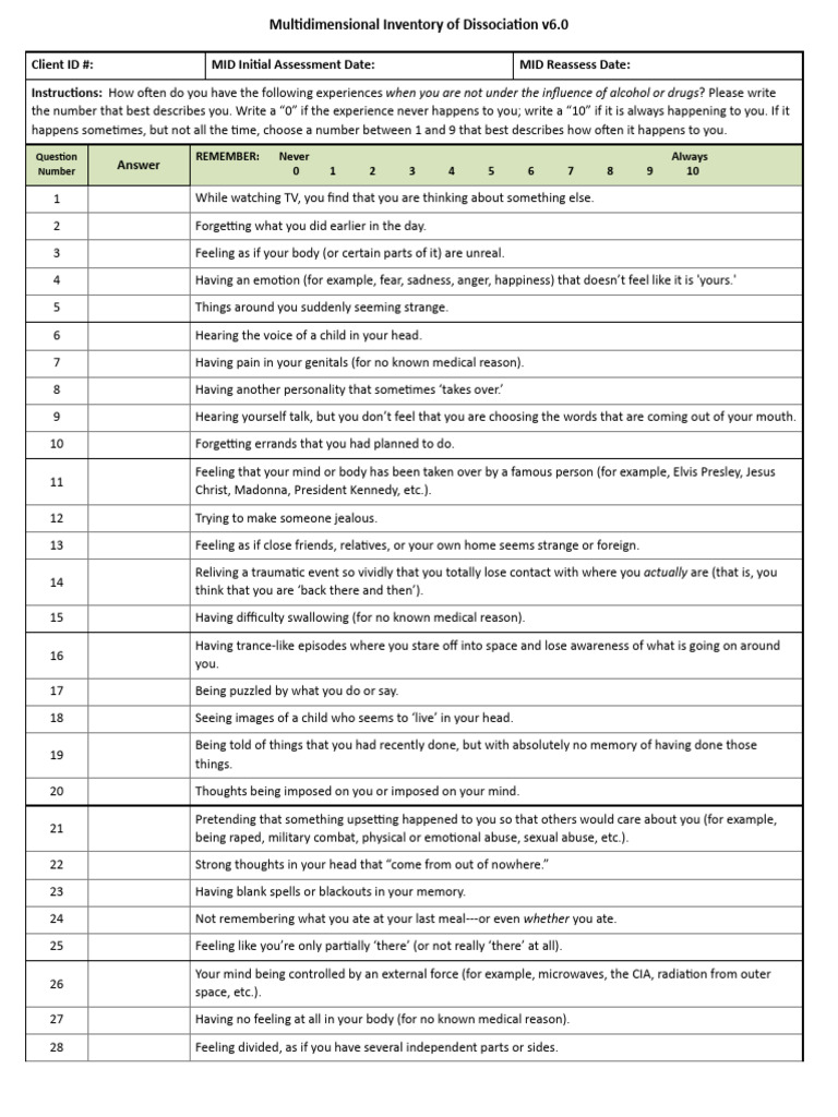 MID-Multidimensional Inventory of Dissociation | PDF | Psychological ...