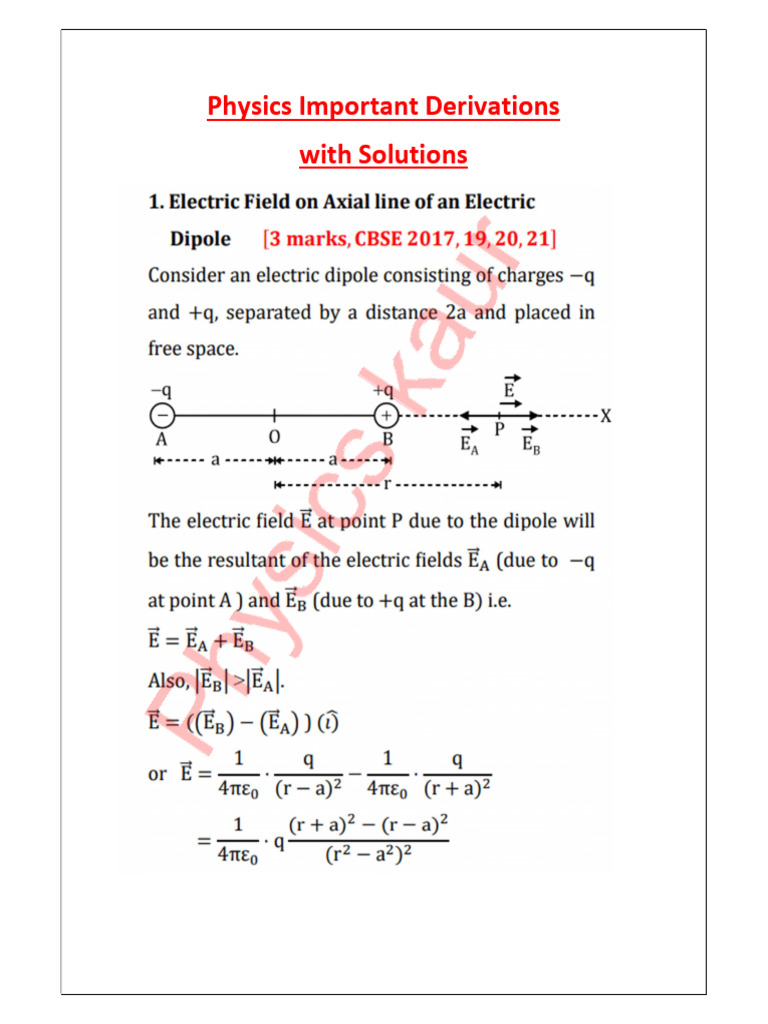 Physics Important Derivations PDF Class 12 Boards | PDF