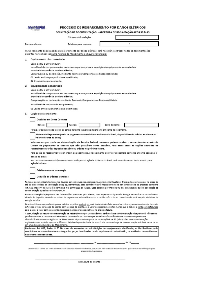 Carta de Solicitação de Documentação Equatorial Energia - Após 90 Dias ...