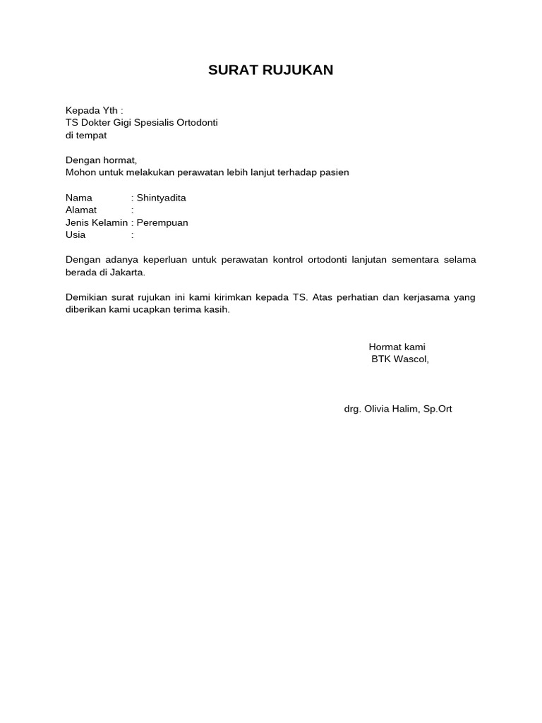 Surat Rujukan Kontrol Ortho Sementara Shintyadita | PDF