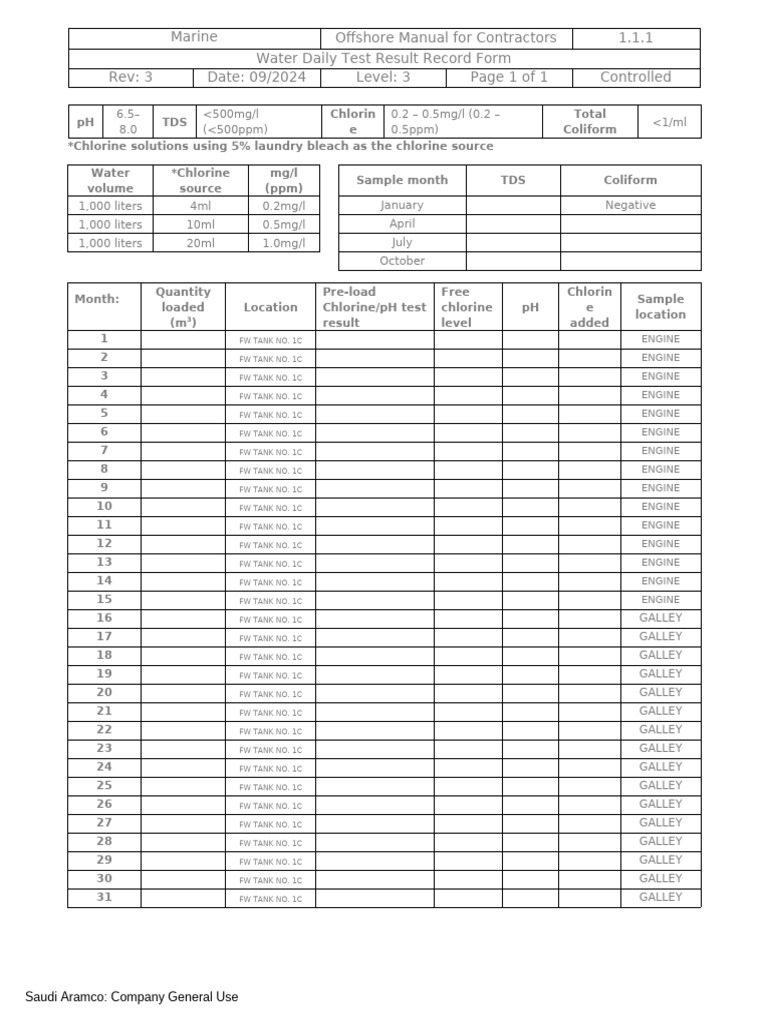 1.1.1 Water Daily Test Result Record Form Rev3 | PDF