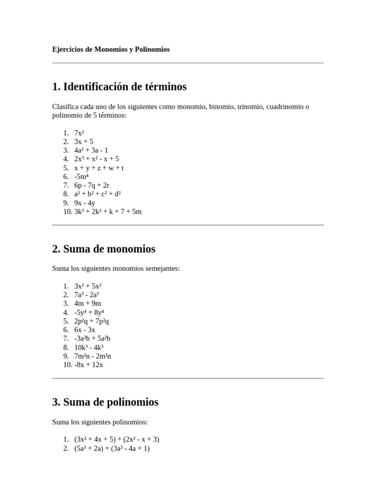 Ejercicios de Monomios y Polinomios 4to Ciclo Retroalimentaci | PDF